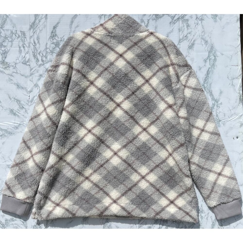 Maurices Womens XL Plaid Fleece Pullover Sweater Gray White Polyester QuarterZip - Picture 2 of 7